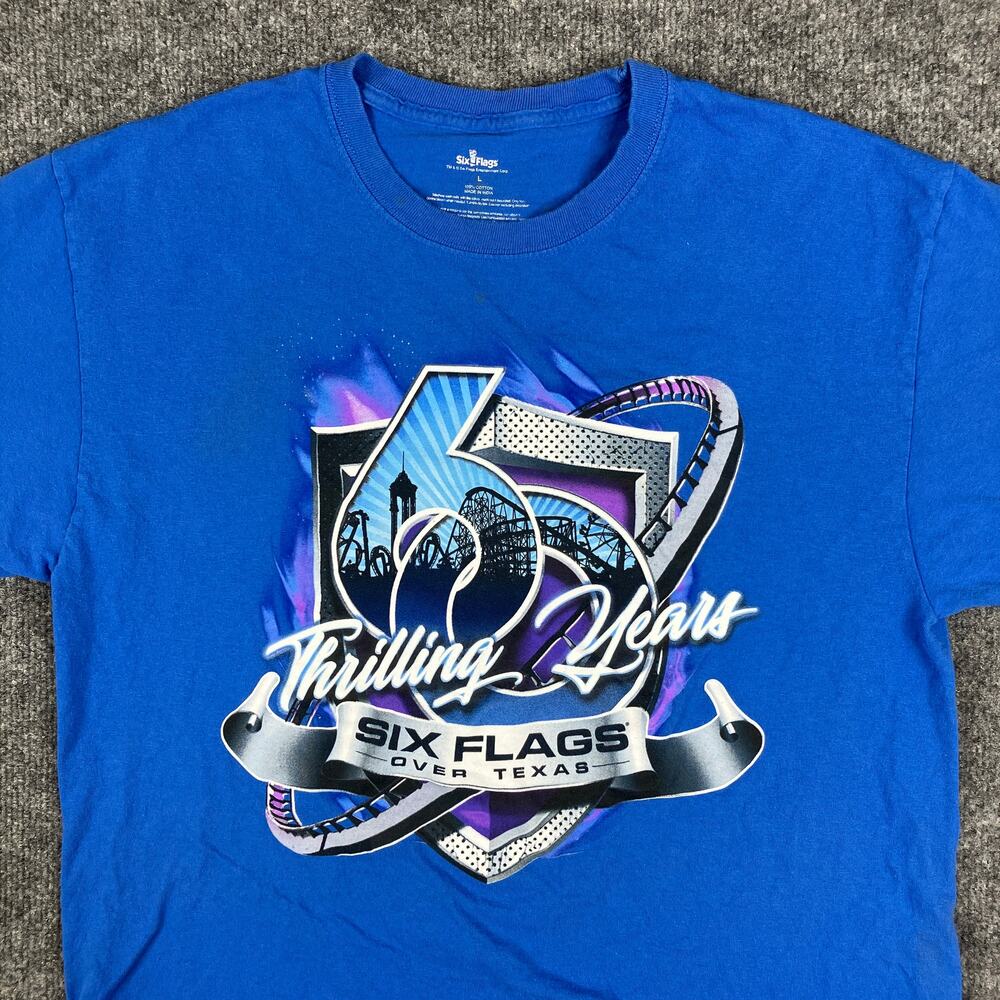 Six Flags T-Shirt Men's‎ Large Blue 60th Anniversary Graphic Amusement Park Tee